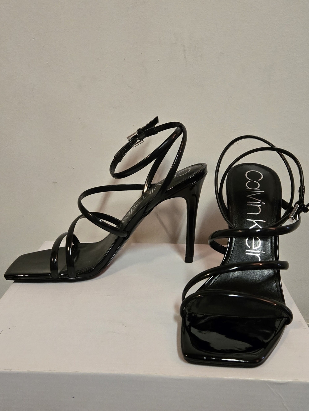 Calvin Klein Black Patent Multi-Strap Square Toe Heels - Picture 3 of 7
